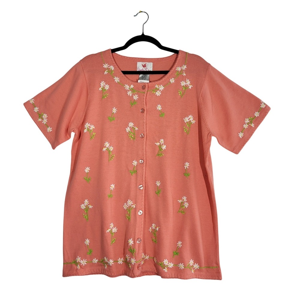 Quacker Factory Daisy Cardigan L (12/14) Orange Short Sleeve Embroidered NEW